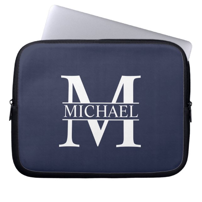 Navy Blue Personalisiert Monogram und Name Laptopschutzhülle (Vorderseite)