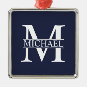 Navy Blue Personalisiert Monogram und Name Ornament Aus Metall
