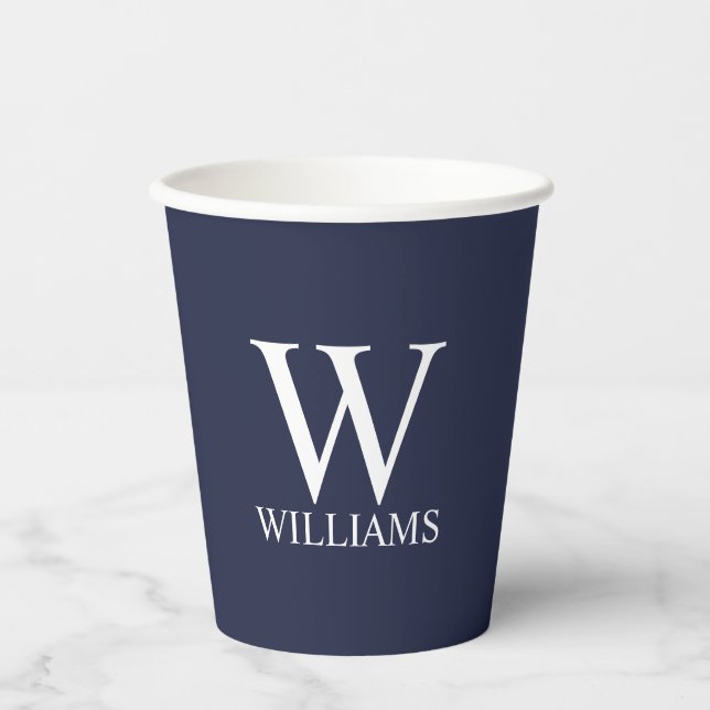 Navy Blue Personalisiert Monogram und Name Pappbecher (Vorderseite)