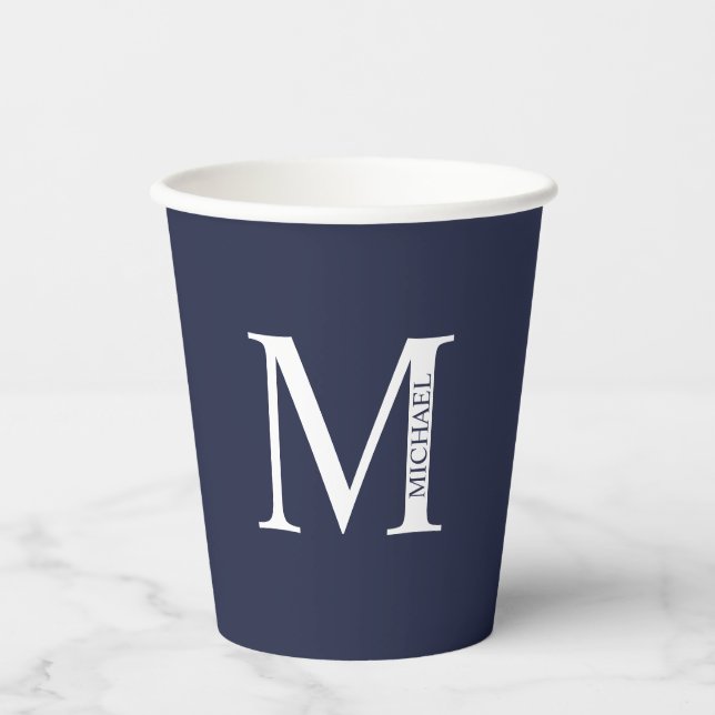 Navy Blue Personalisiert Monogram und Name Pappbecher (Vorderseite)