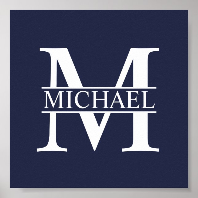 Navy Blue Personalisiert Monogram und Name Poster (Vorne)