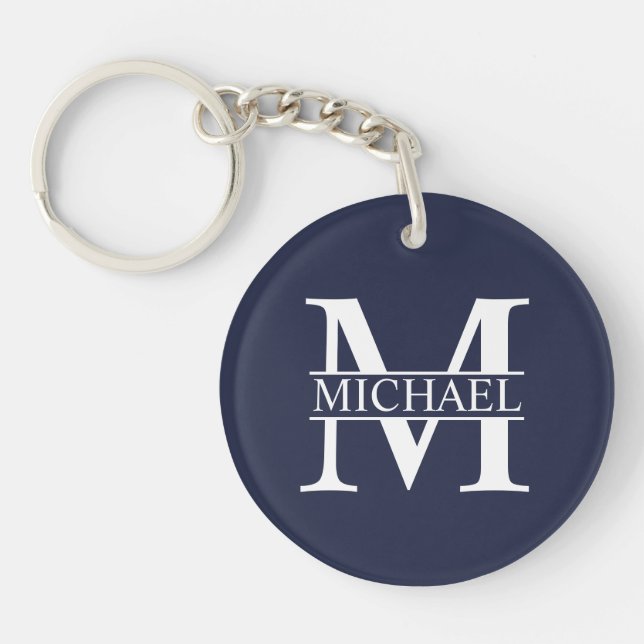 Navy Blue Personalisiert Monogram und Name Schlüsselanhänger (Vorderseite)