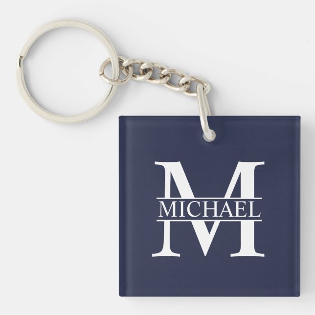 Navy Blue Personalisiert Monogram und Name Schlüsselanhänger (Vorderseite)