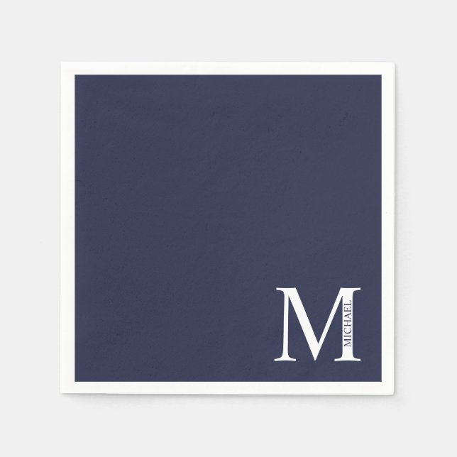 Navy Blue Personalisiert Monogram und Name Serviette (Vorderseite)