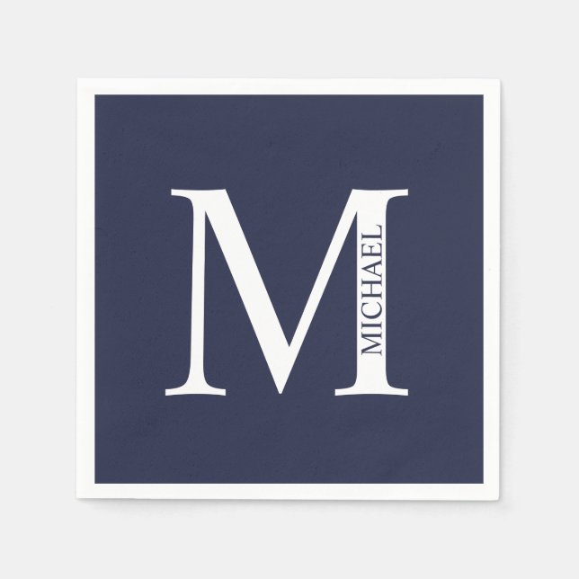 Navy Blue Personalisiert Monogram und Name Serviette (Vorderseite)