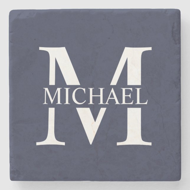 Navy Blue Personalisiert Monogram und Name Steinuntersetzer (Vorderseite)