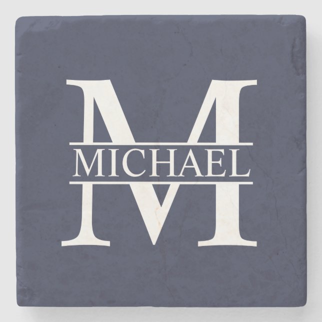 Navy Blue Personalisiert Monogram und Name Steinuntersetzer (Vorderseite)