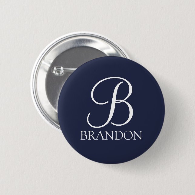 Navy Blue Personalisiert Script Monogram und Name Button (Vorne & Hinten)
