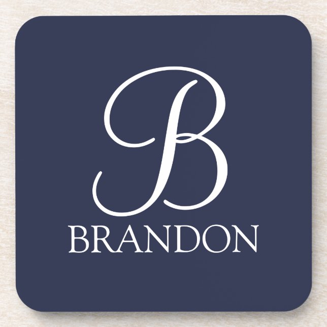Navy Blue Personalisiert Script Monogram und Name Getränkeuntersetzer (Vorderseite)