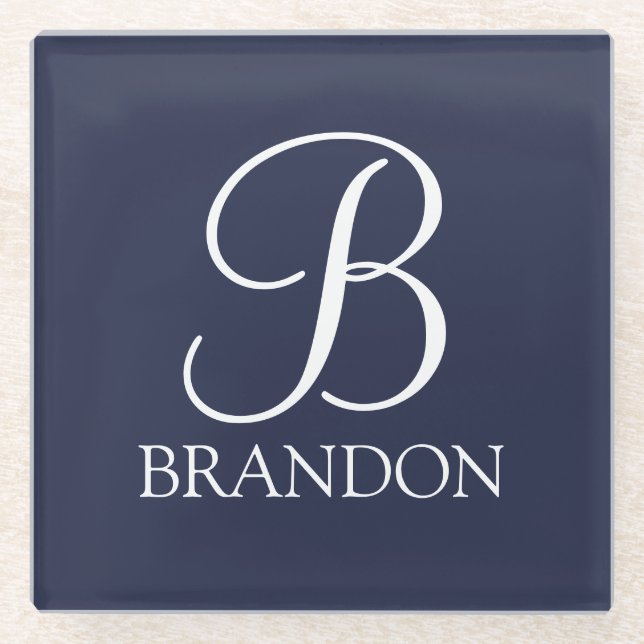 Navy Blue Personalisiert Script Monogram und Name Glasuntersetzer (Vorderseite)