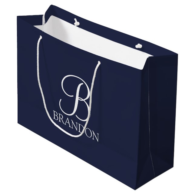 Navy Blue Personalisiert Script Monogram und Name Große Geschenktüte (Vorderseite Schrägansicht)