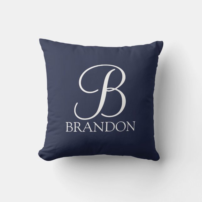 Navy Blue Personalisiert Script Monogram und Name Kissen (Vorderseite)