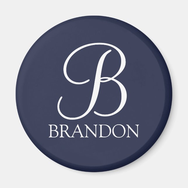 Navy Blue Personalisiert Script Monogram und Name Magnet (Vorne)