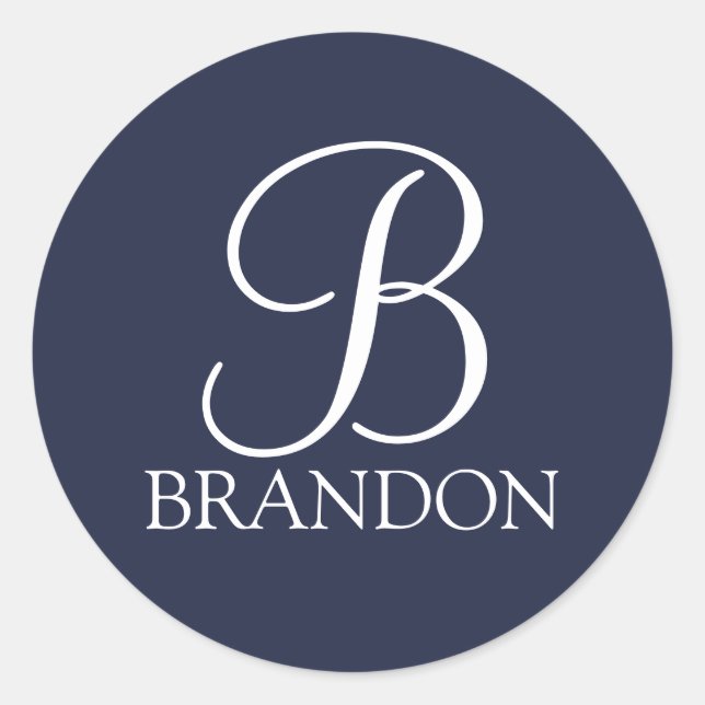 Navy Blue Personalisiert Script Monogram und Name Runder Aufkleber (Vorderseite)