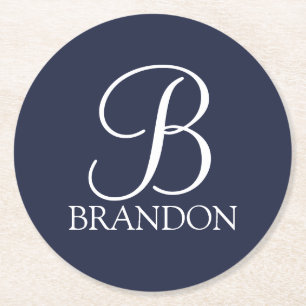 Navy Blue Personalisiert Script Monogram und Name Runder Pappuntersetzer