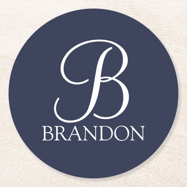 Navy Blue Personalisiert Script Monogram und Name Runder Pappuntersetzer (Vorderseite)