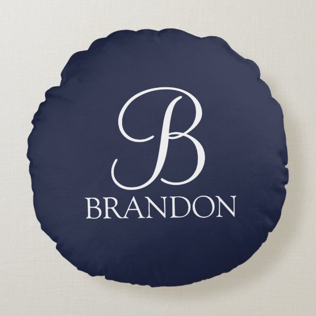 Navy Blue Personalisiert Script Monogram und Name Rundes Kissen (Vorderseite)