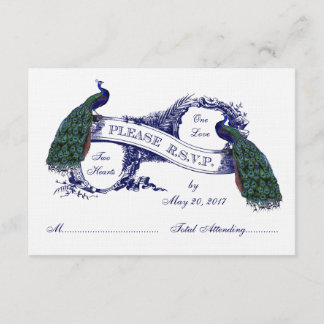 Navy Blue Pfauen Vintage Hochzeit RSVP Karte