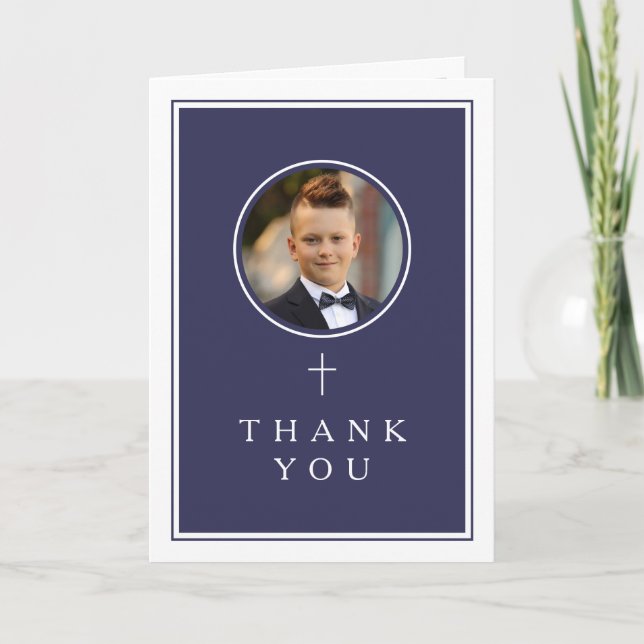 Navy Blue Photo Boy First Communion Dankeskarte (Vorderseite)