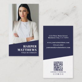 Navy Blue Photo QR Code Vertical Visitenkarte