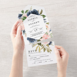 Navy Blue & Pink Blume Hochzeiten in einem All In One Einladung