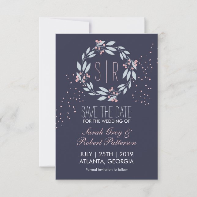 Navy Blue Pink Blume Wreath Wedding Save the Date (Vorderseite)