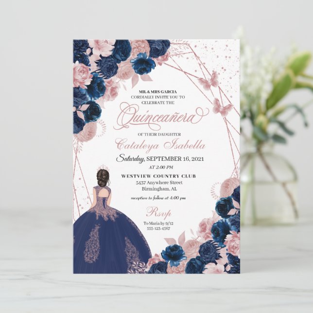Navy Blue & Pink Butterfly Princess Quinceanera Einladung (Stehend Vorderseite)