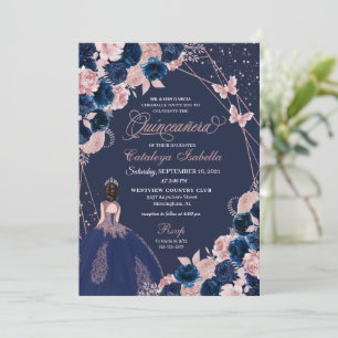 Navy Blue & Pink Butterfly Princess Quinceanera Einladung