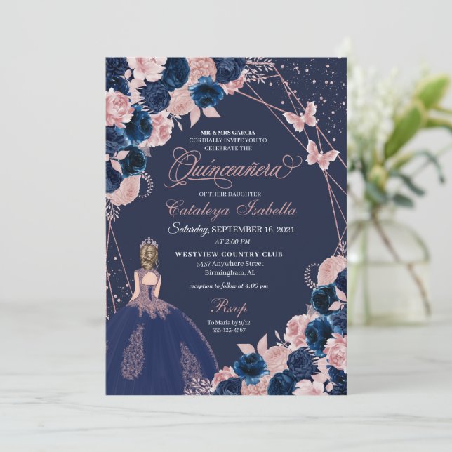 Navy Blue & Pink Butterfly Princess Quinceanera Einladung (Stehend Vorderseite)