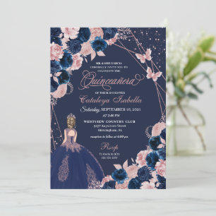 Navy Blue & Pink Butterfly Princess Quinceanera Einladung