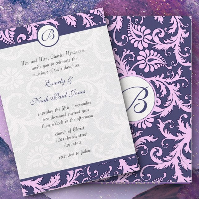Navy Blue & Pink Damask Wirbel Hochzeit Einladung (Von Creator hochgeladen)