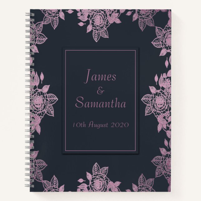 Navy Blue & Pink Delicate Rose Border | Hochzeit Notizbuch (Vorderseite)
