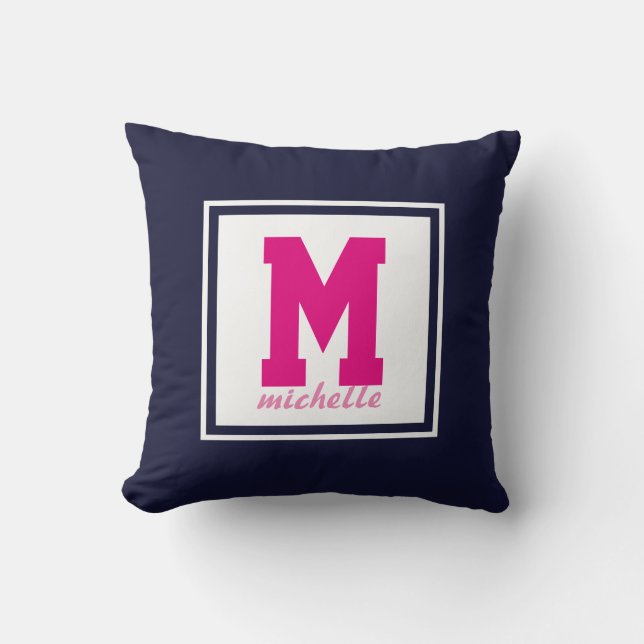 Navy Blue PINK DOTS Preppy Monogram NAME Custom Kissen (Vorderseite)