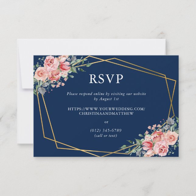Navy Blue & Pink Dusty Rose Floral Wedding Online RSVP Karte (Vorderseite)