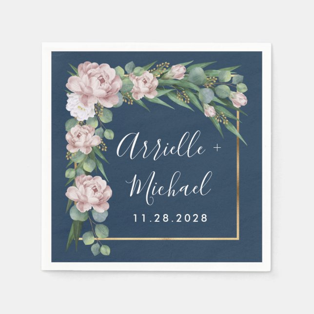 Navy Blue & Pink Dusty Rose Greenerity Gold Weddin Serviette (Vorderseite)