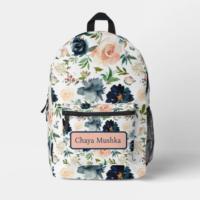 Navy Blue Pink Floral Girly Child's Name Backpack Bedruckter Rucksack (Vorderseite)