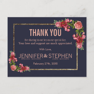 Navy Blue Pink Floral Gold Danke Postkarten