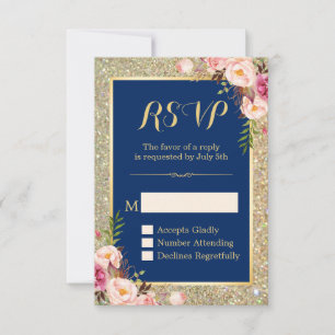 Navy Blue Pink Floral Gold Glitzer Sparkling UAWG RSVP Karte