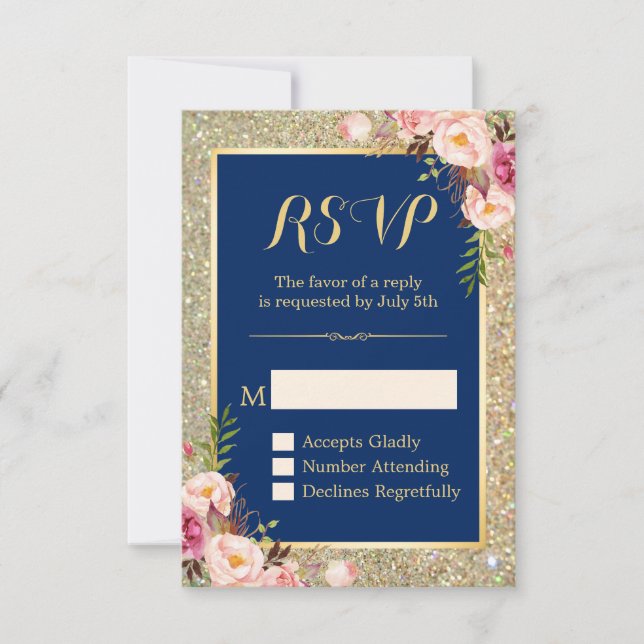 Navy Blue Pink Floral Gold Glitzer Sparkling UAWG RSVP Karte (Vorderseite)