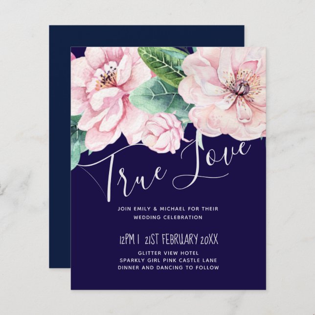 Navy Blue Pink Floral Modernes Hochzeitsbudget (Vorne/Hinten)