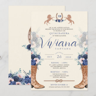 Navy Blue Pink Floral Western Charro Quinceanera Einladung