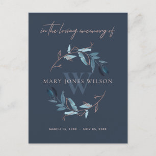 NAVY BLUE PINK FOLIAGE WREATH MEMORIAL DANKE EINLADUNGSPOSTKARTE