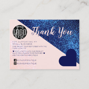 Navy Blue Pink Glitzer Geo Logo Kunde Vielen Dank Visitenkarte