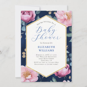 Navy Blue Pink Gold Peonies Baby Shower Einladung