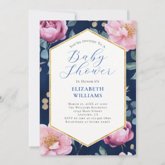Navy Blue Pink Gold Peonies Baby Shower Einladung