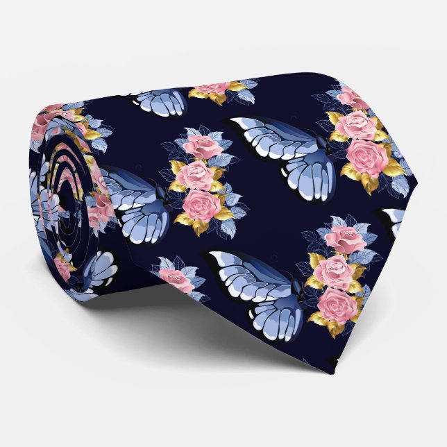 Navy Blue Pink Gold Rose Butterfly Muster Krawatte (Gerollt)