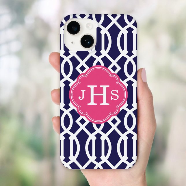 Navy Blue & Pink Modern Trellis Monogram Case-Mate iPhone Hülle (Von Creator hochgeladen)