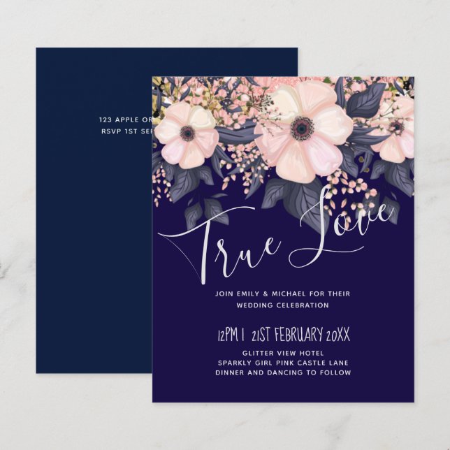 Navy Blue Pink Modernes Hochzeitsbudget (Vorne/Hinten)