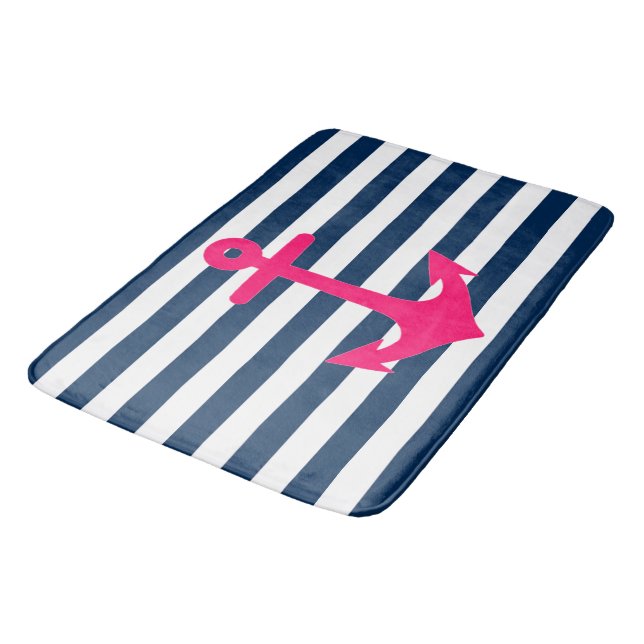 Navy Blue Pink Nautical Anchor Streifen Badematte (Schrägansicht)