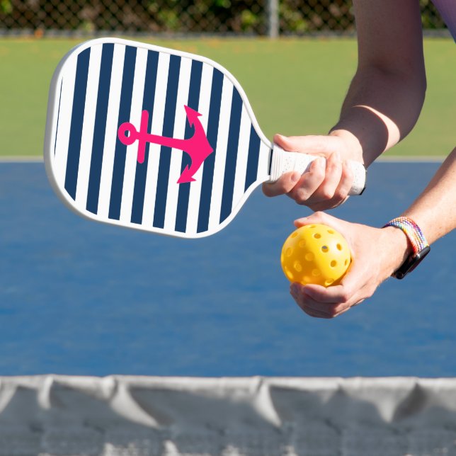 Navy Blue Pink Nautical Anchor Streifen Pickleball Schläger (InSitu)